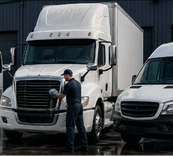 Technician polishing a white semi-truck during fleet cleaning